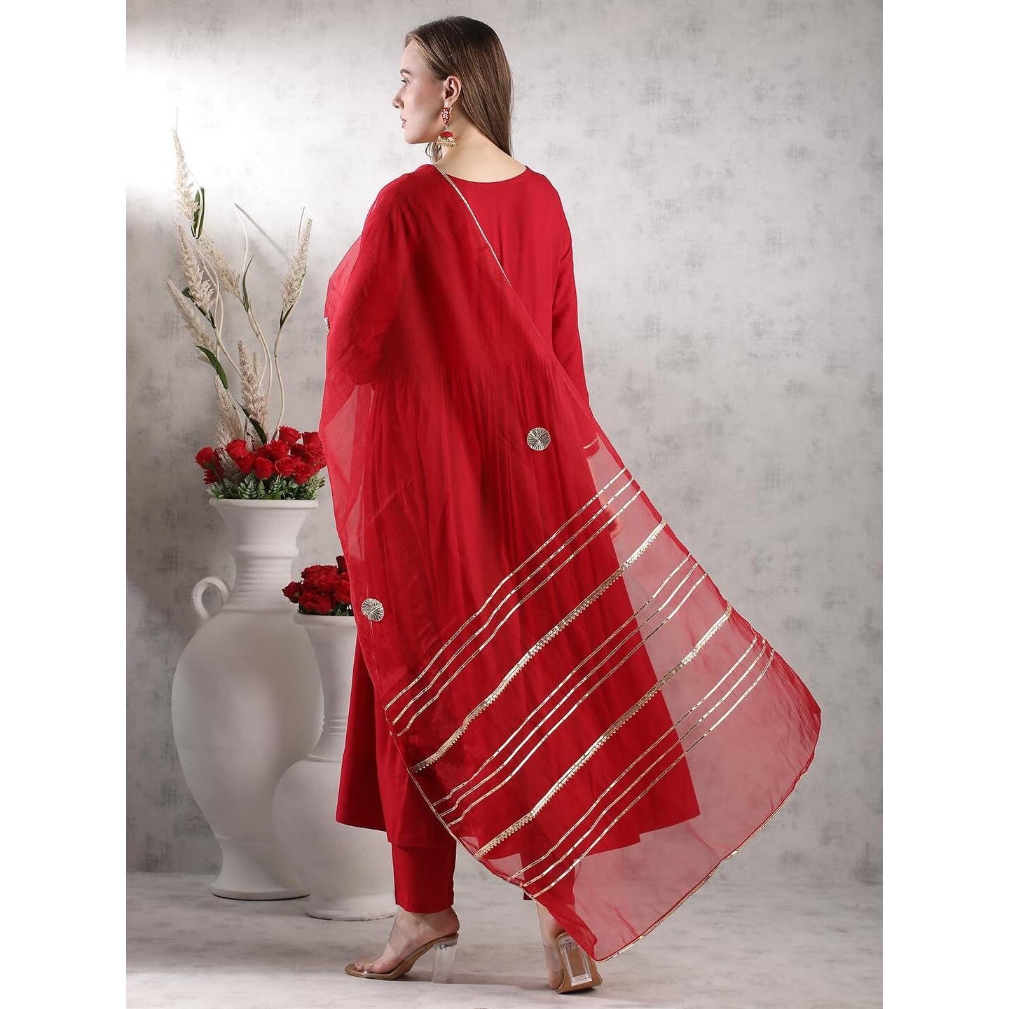 Gosriki Women's Rayon Blend Anarkali Solid Kurta With Pant & Dupatta (Jaynti Red-Vks04-Gs_L_Red_Large)