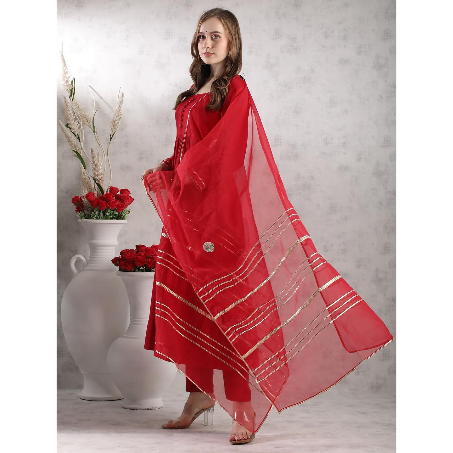Gosriki Women's Rayon Blend Anarkali Solid Kurta With Pant & Dupatta (Jaynti Red-Vks04-Gs_L_Red_Large)