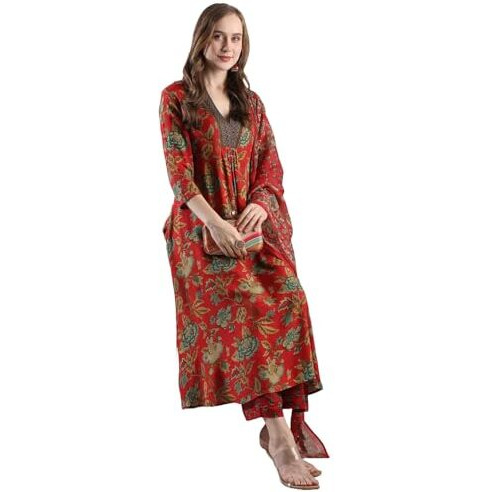 Gosriki Women's Rayon Blend Anarkali Printed Kurta With Palazzo & Dupatta (Cia Red-Vks05-Gs_L_Red_Large)