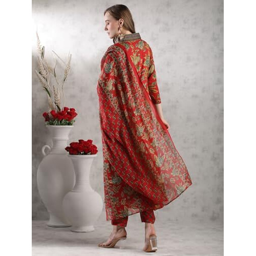 Gosriki Women's Rayon Blend Anarkali Printed Kurta With Palazzo & Dupatta (Cia Red-Vks05-Gs_L_Red_Large)