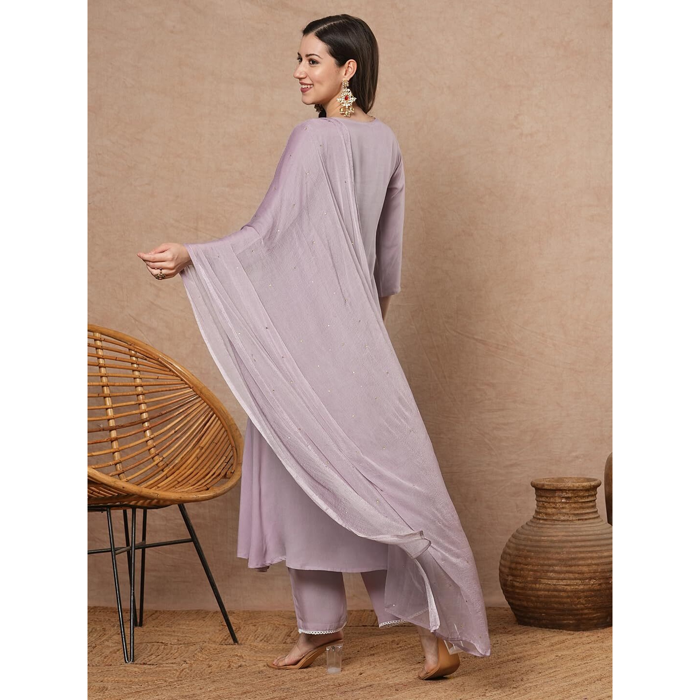 Gosriki Women's Rayon Blend A-Line Embroidered Kurta With Pant & Dupatta (Sharmi Lavender-Vks01-Gs_L_Lavender_Large)