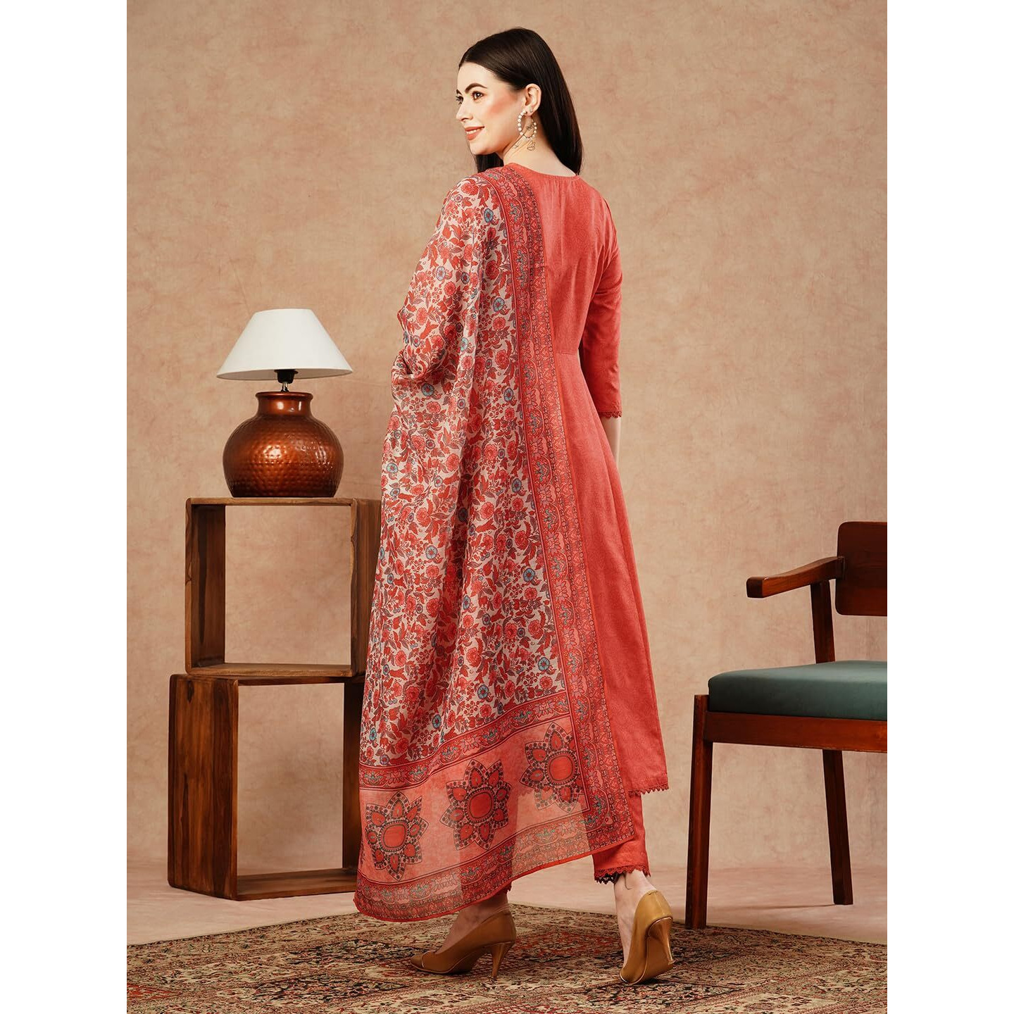 Gosriki Women's Cotton Blend Anarkali Solid Kurta With Pant & Dupatta (Utsav Peach-Fka-Gs_4Xl_Peach_Xxxx-Large)