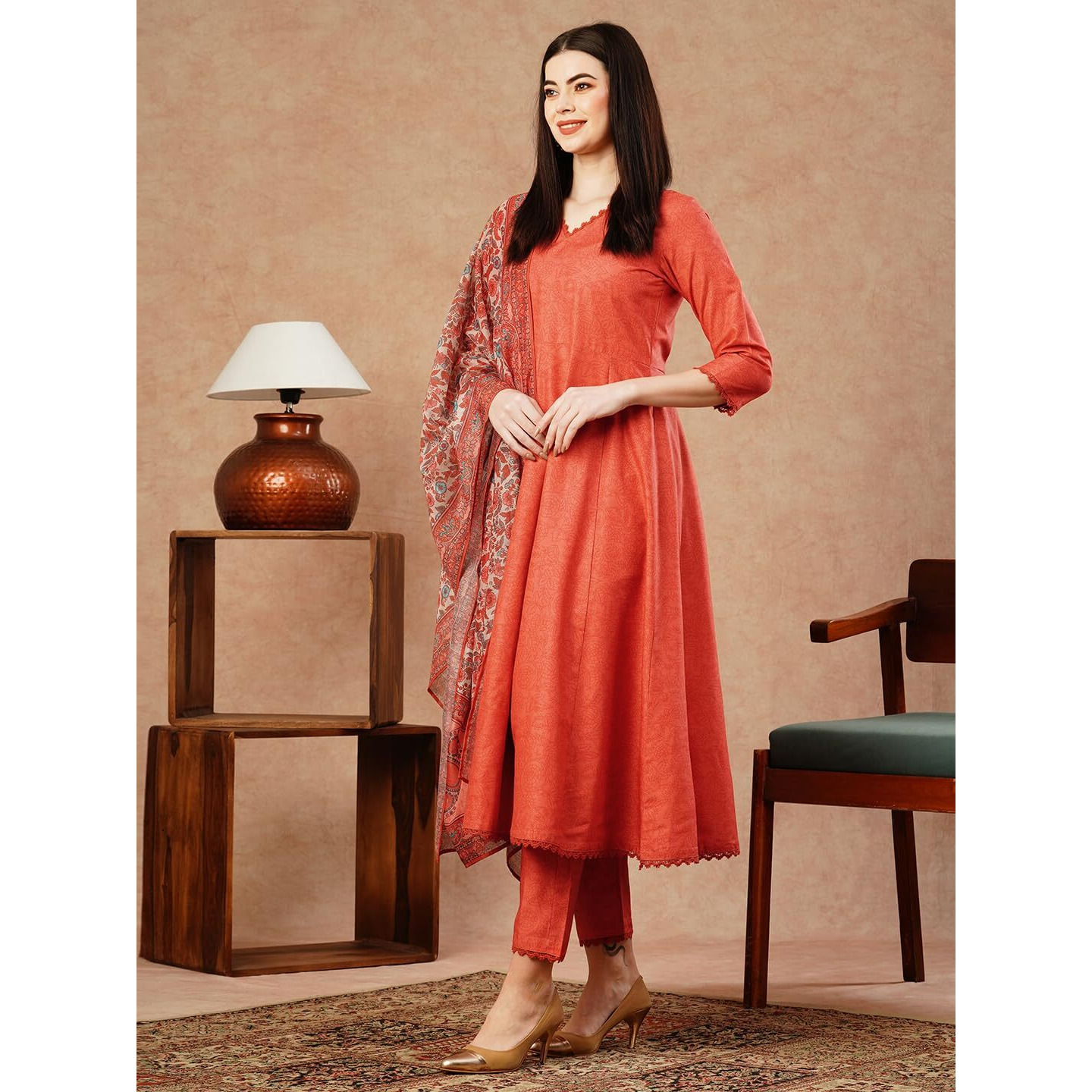 Gosriki Women's Cotton Blend Anarkali Solid Kurta With Pant & Dupatta (Utsav Peach-Fka-Gs_4Xl_Peach_Xxxx-Large)