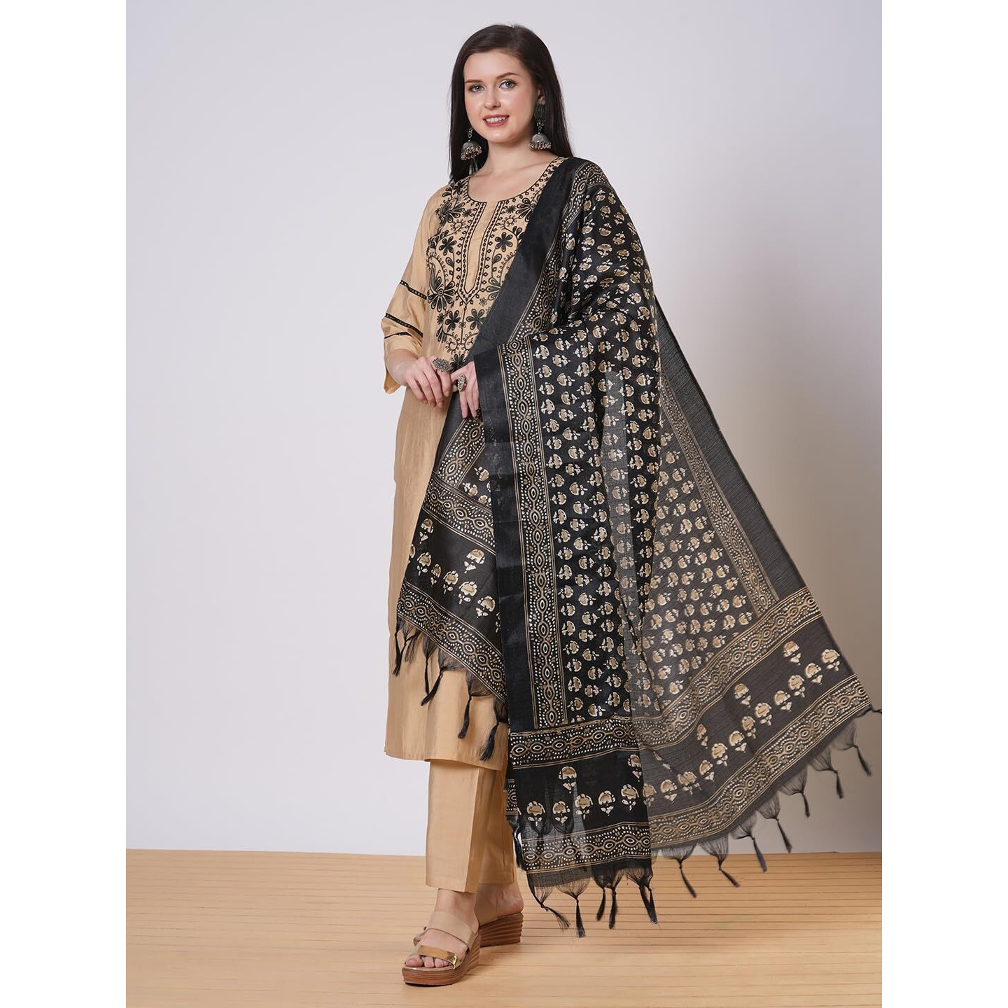 Gosriki Women's Rayon Viscose Straight Embroidered Kurta With Pant & Dupatta (Soul Chiku-Vks01-Gs_M_Beige_Medium)