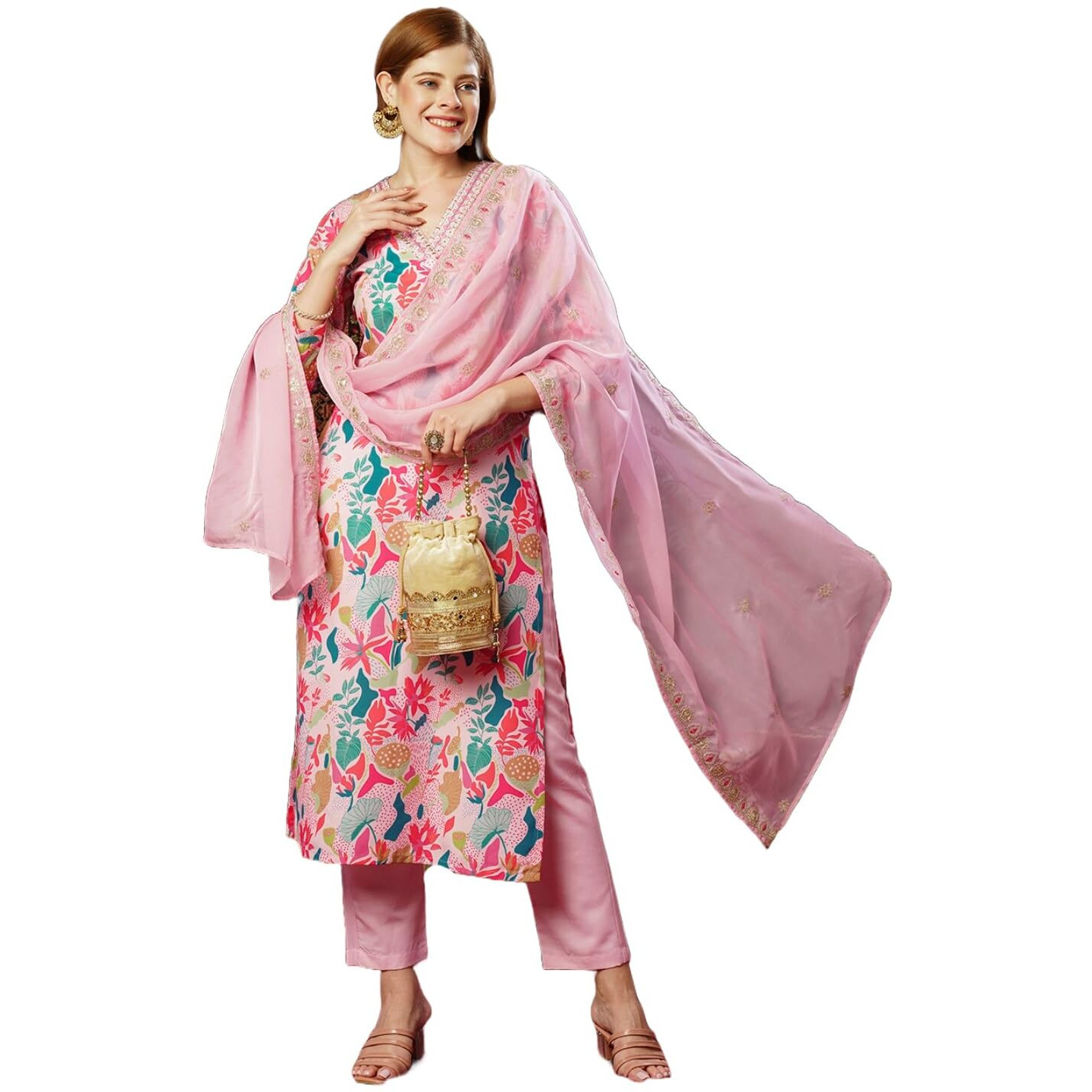 Gosriki Women's Rayon Blend Printed Straight Kurta With Pant & Dupatta (Maslin-Multi-Jl-Gs_L_Peach_Large)