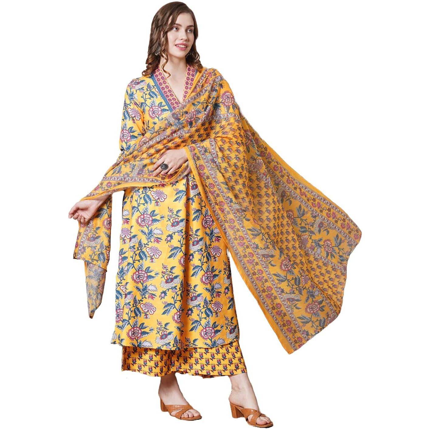 Gosriki Women's Rayon Blend Anarkali Printed Kurta With Palazzo & Dupatta (Cia Yellow-Vks03-Gs_M_Yellow_Medium)