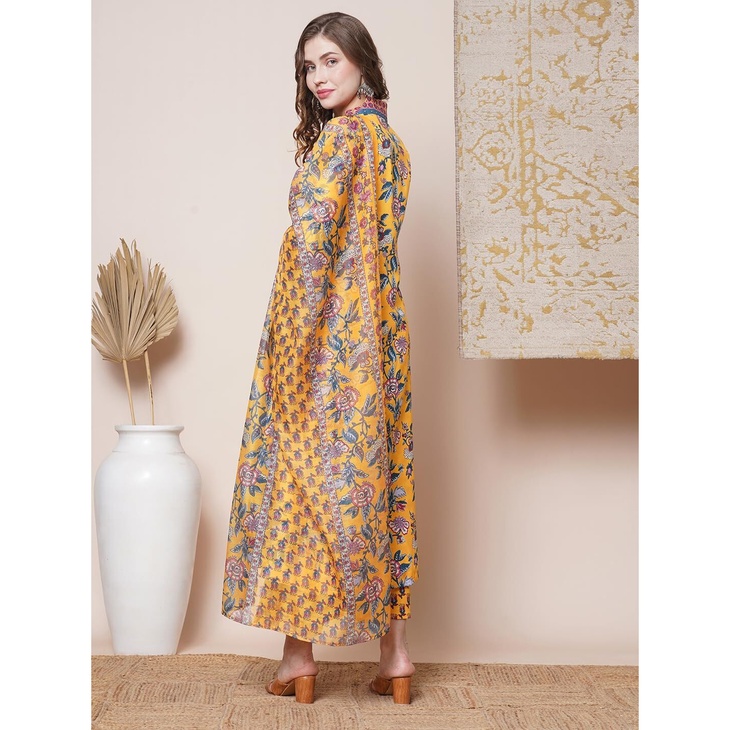 Gosriki Women's Rayon Blend Anarkali Printed Kurta With Palazzo & Dupatta (Cia Yellow-Vks03-Gs_M_Yellow_Medium)