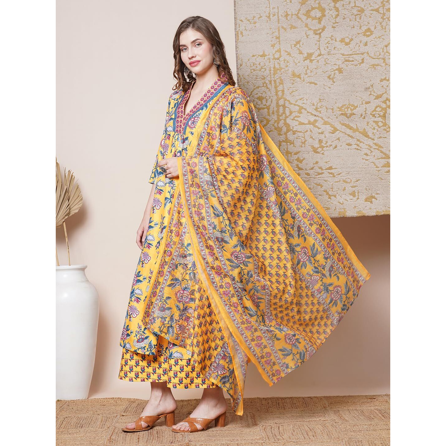Gosriki Women's Rayon Blend Anarkali Printed Kurta With Palazzo & Dupatta (Cia Yellow-Vks03-Gs_M_Yellow_Medium)