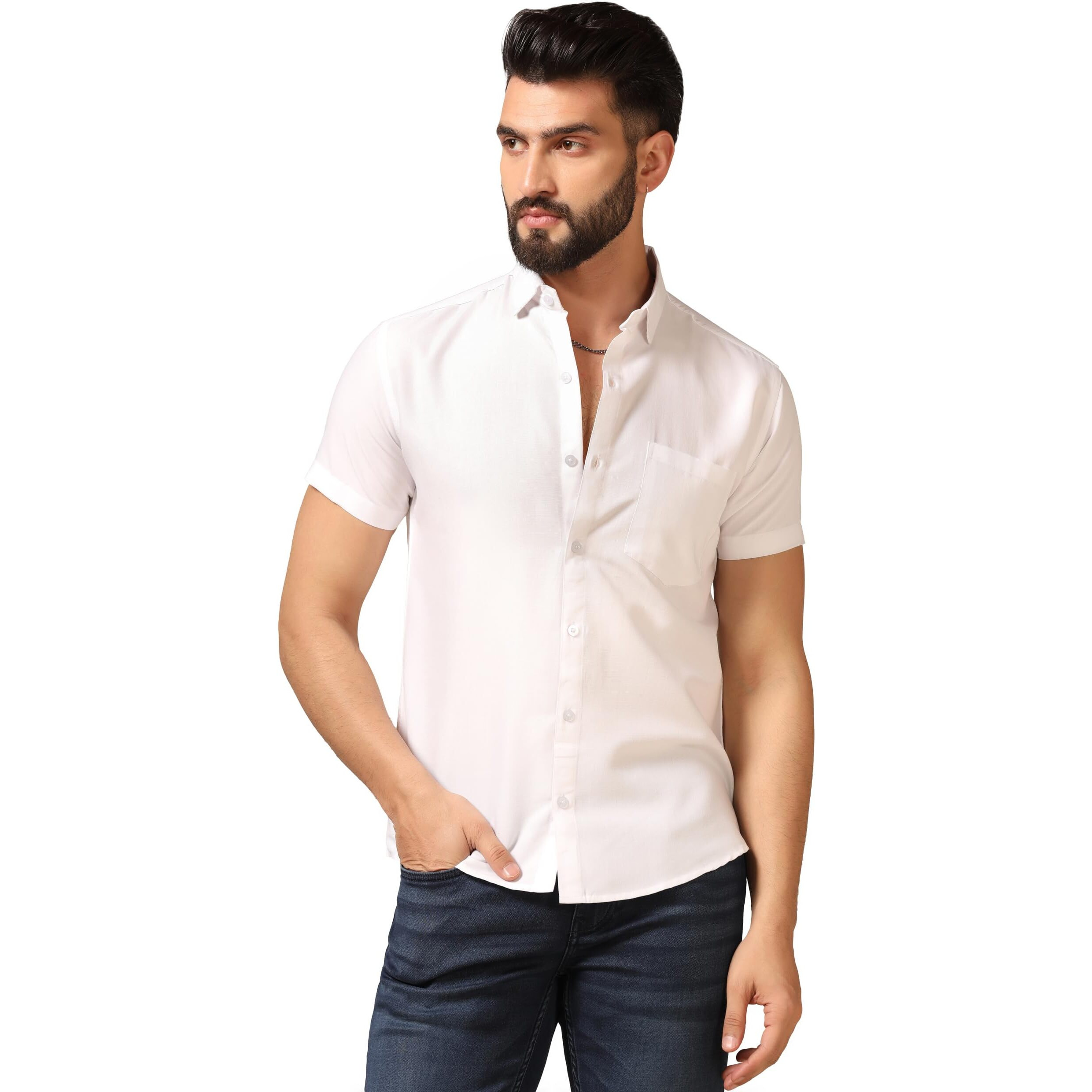 Toplot Men's Regular Fit Solid Casual Shirt With Pocket Design With Spread Collar & Half Sleeves (Half-Pocket-5179-White-M)