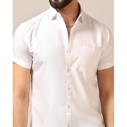 Toplot Men's Regular Fit Solid Casual Shirt With Pocket Design With Spread Collar & Half Sleeves (Half-Pocket-5179-White-M)