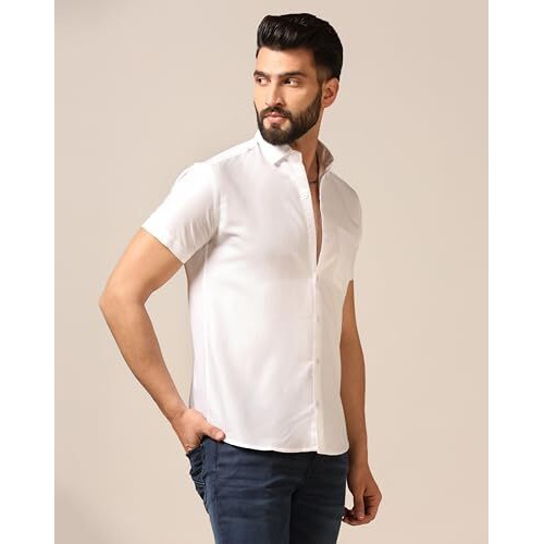 Toplot Men's Regular Fit Solid Casual Shirt With Pocket Design With Spread Collar & Half Sleeves (Half-Pocket-5179-White-M)