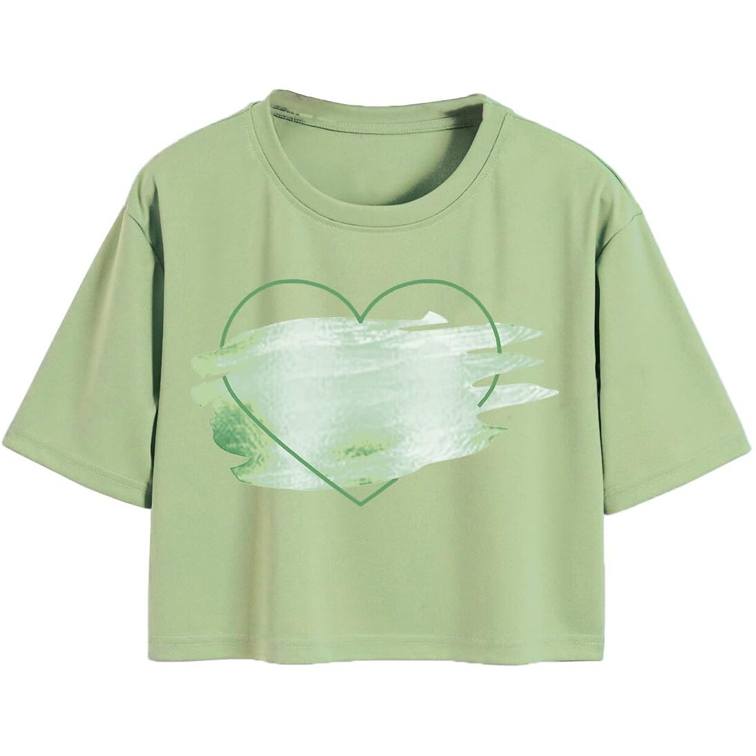 Toplot Heart Printed Round Neck Crop Top For Women (Big-Heart-Top-5201-Pista-Xs)