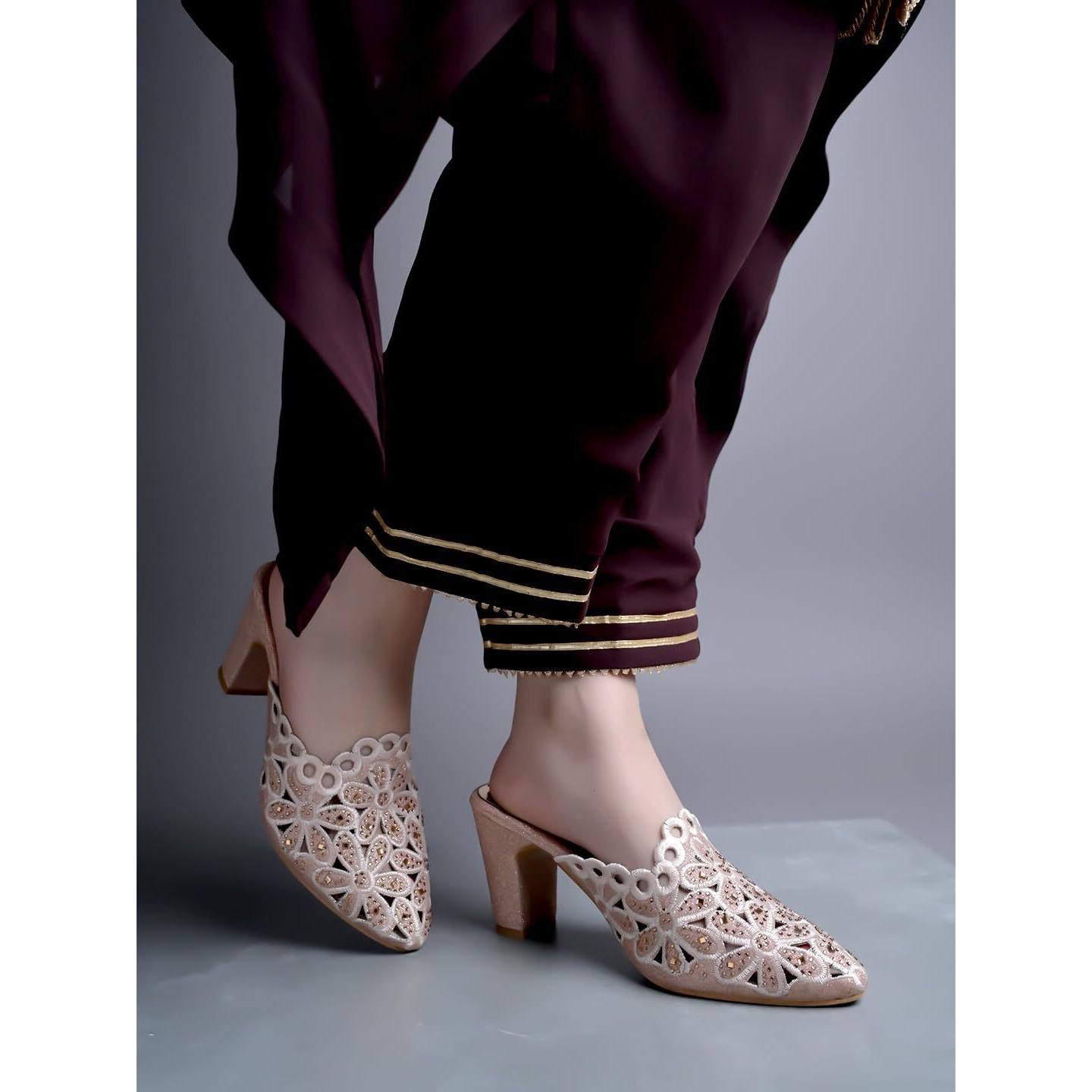 Shoetopia Women's Pink Embroidered Block Heel Mules  Ethnic Slip-On Sandals With Glitter Finish And Cutwork Detailing Eu38