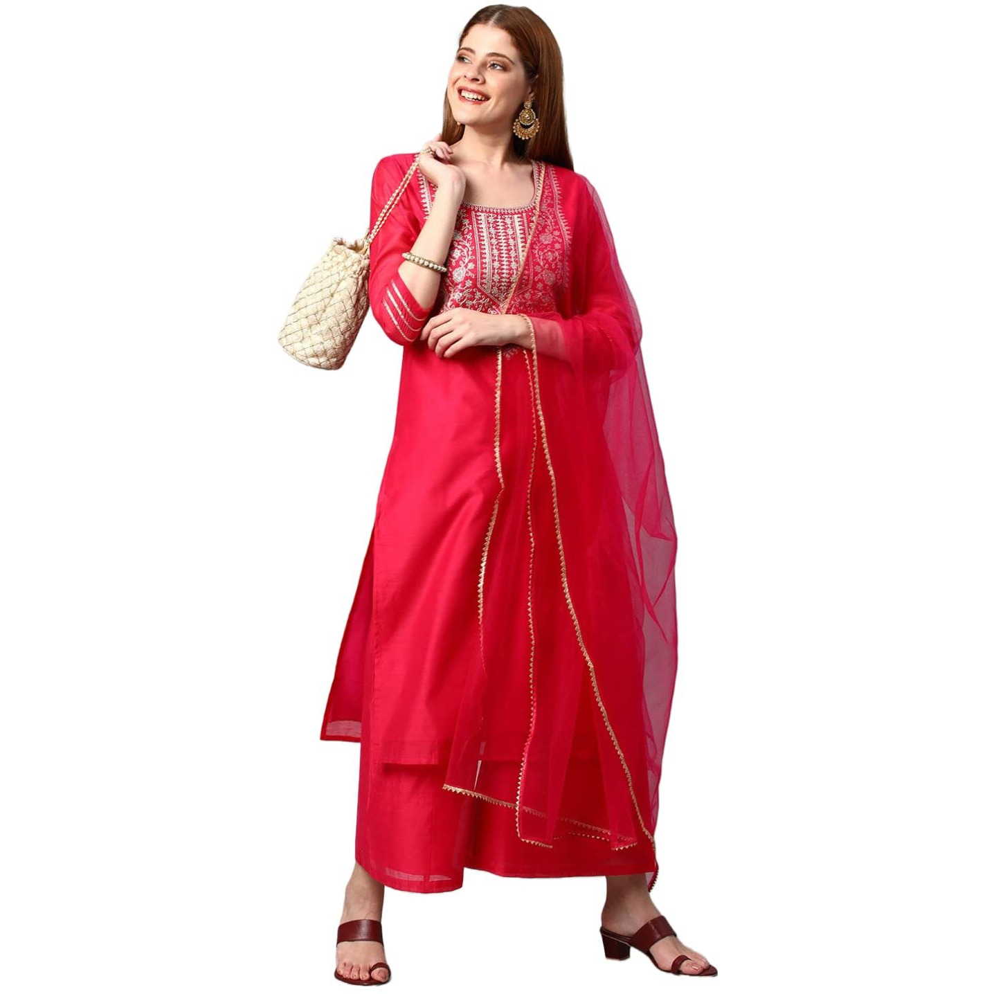 Gosriki Women's Cotton Blend Solid Straight Kurta With Palazzos & Dupatta (Dharan-Pink-Gs_L_Pink_Large)