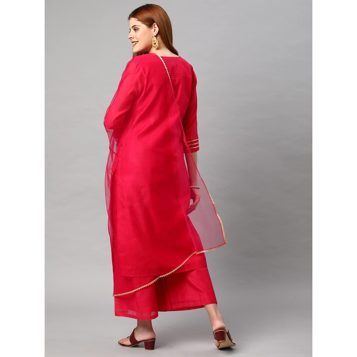 Gosriki Women's Cotton Blend Solid Straight Kurta With Palazzos & Dupatta (Dharan-Pink-Gs_L_Pink_Large)