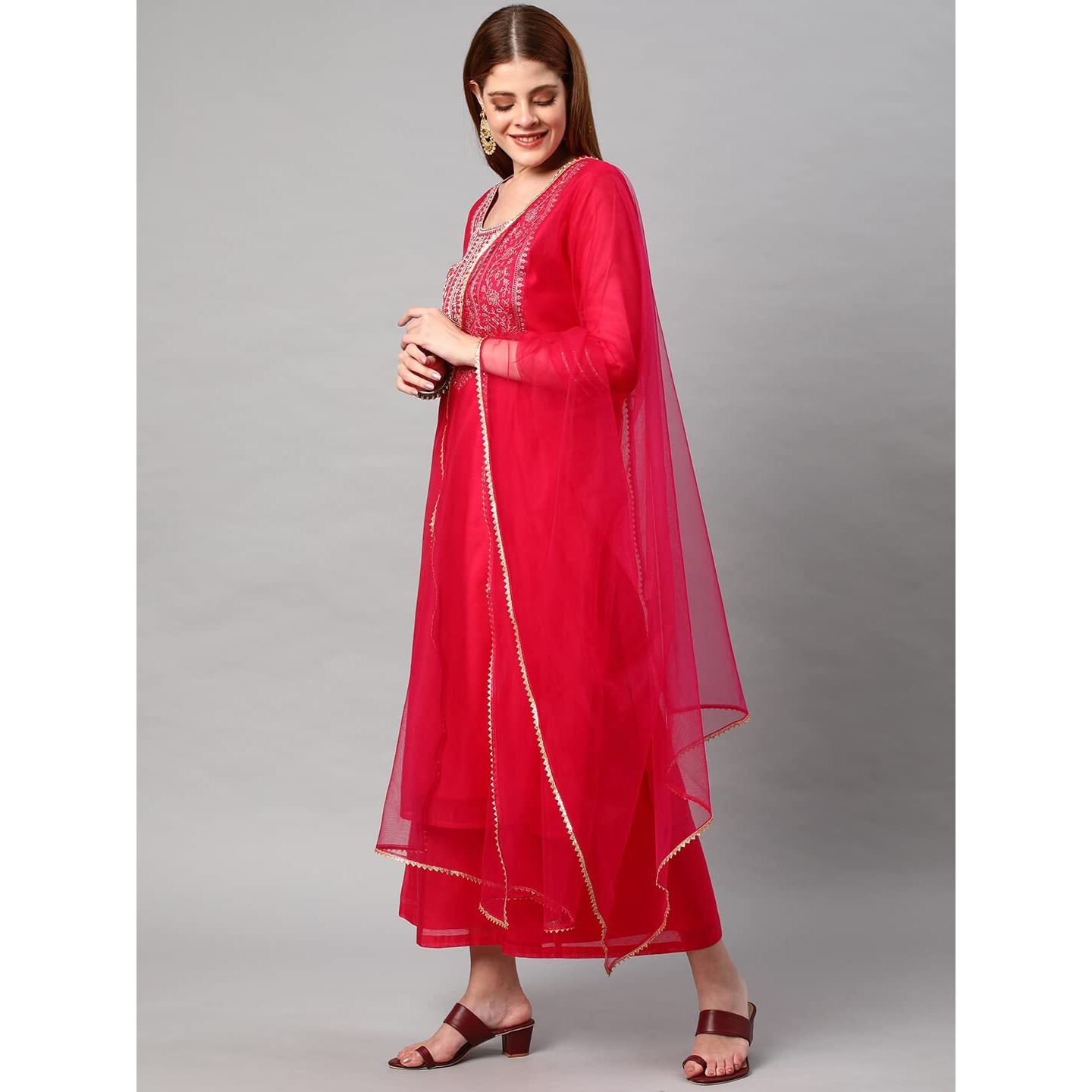 Gosriki Women's Cotton Blend Solid Straight Kurta With Palazzos & Dupatta (Dharan-Pink-Gs_L_Pink_Large)