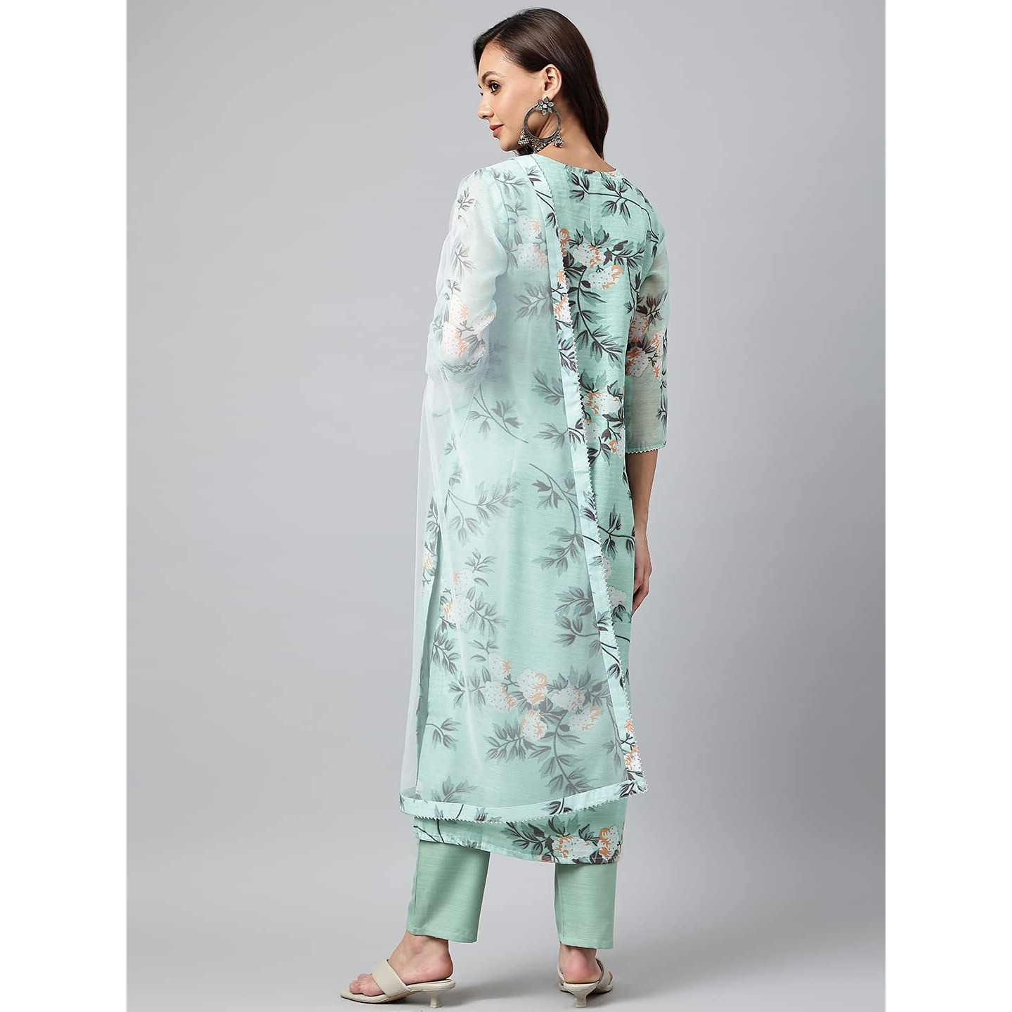 Gosriki Women's Cotton Blend Printed Straight Kurta With Pant & Dupatta (Itta Sty-Pista Green_L-Go_Pista Green_Large)