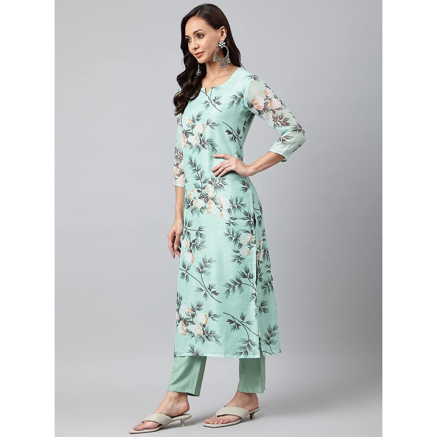 Gosriki Women's Cotton Blend Printed Straight Kurta With Pant & Dupatta (Itta Sty-Pista Green_L-Go_Pista Green_Large)