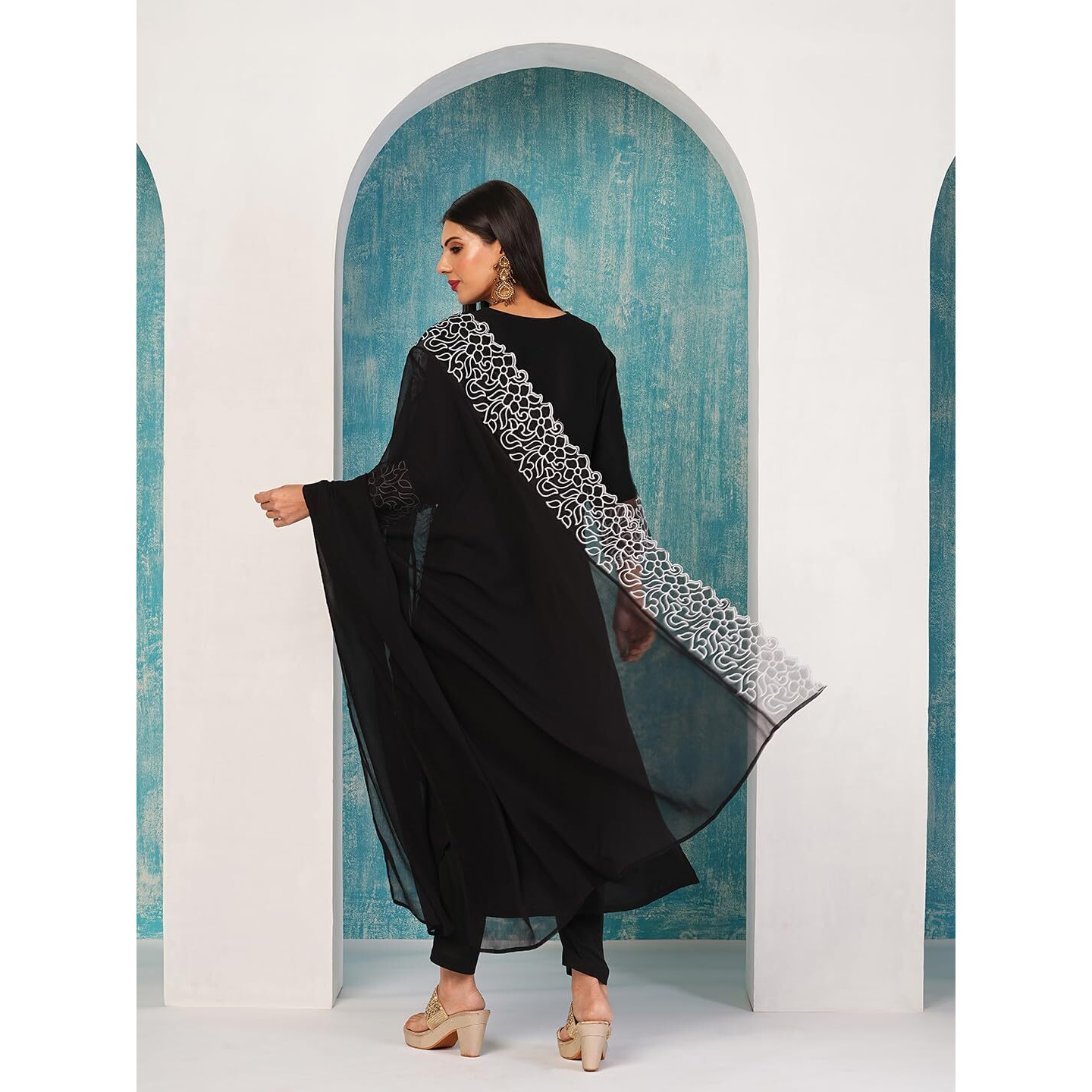 Gosriki Women's Rayon Blend Straight Embroidered Kurta With Pant & Dupatta (Trp Black-Nb-Gs_Xl_Black_X-Large)