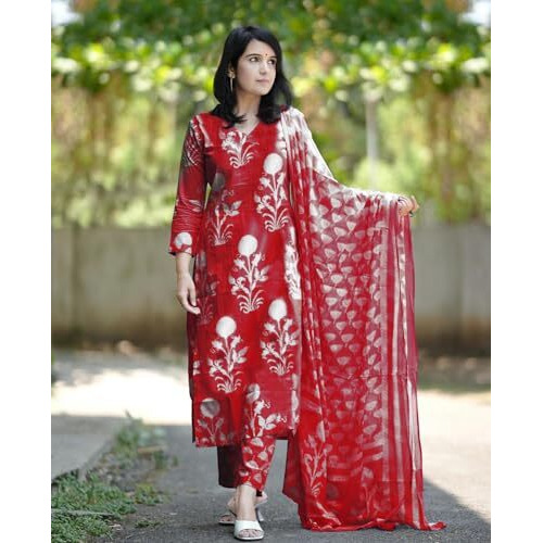 Gosriki Women's Cotton Blend Printed Straight Kurta With Pant & Dupatta (Zuri Red-Vks01-Gs_L_Red_Large)