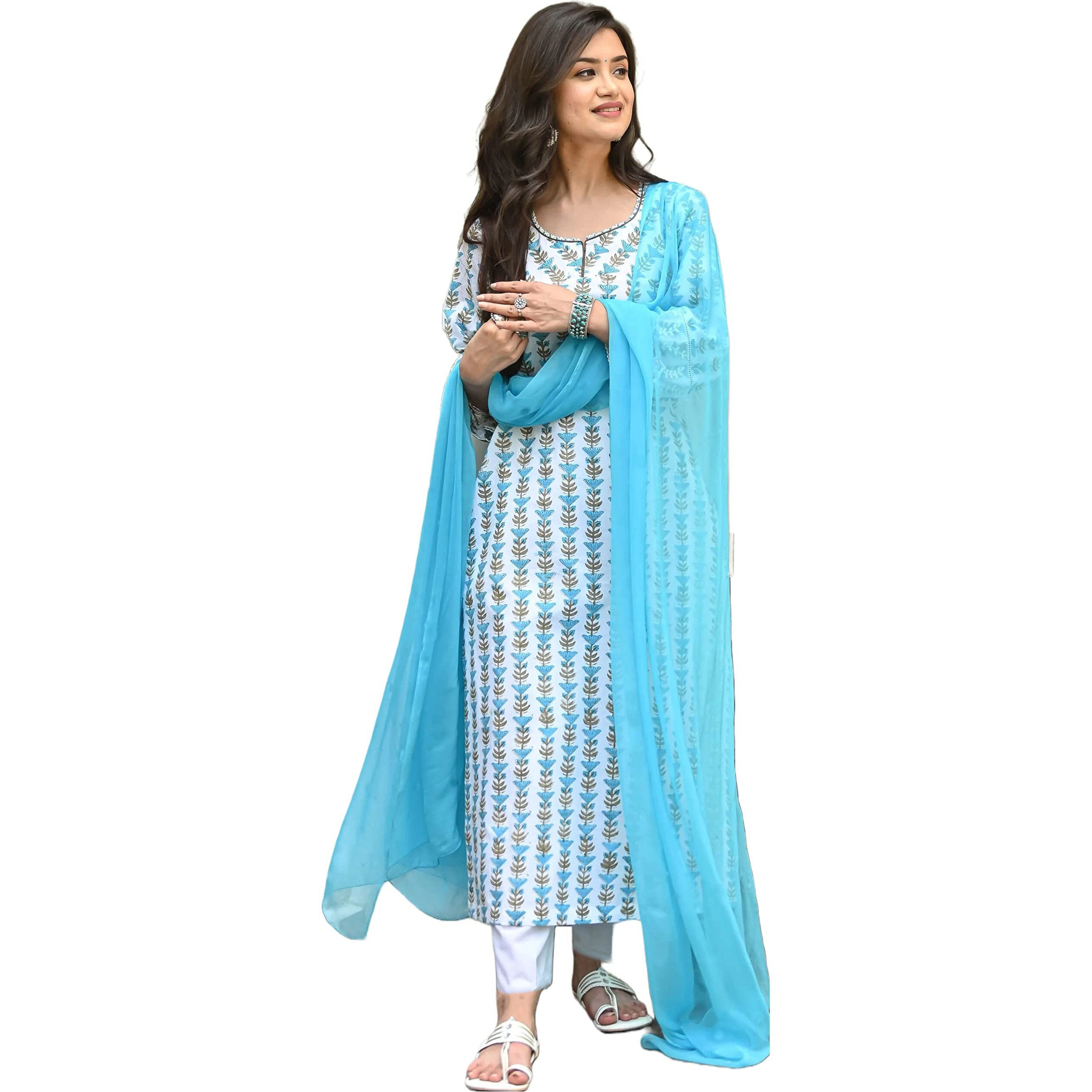 Gosriki Women's Cotton Blend Straight Printed Kurta With Pant & Dupatta (April-Sky Blue-Gs_M_Sky Blue_Medium)