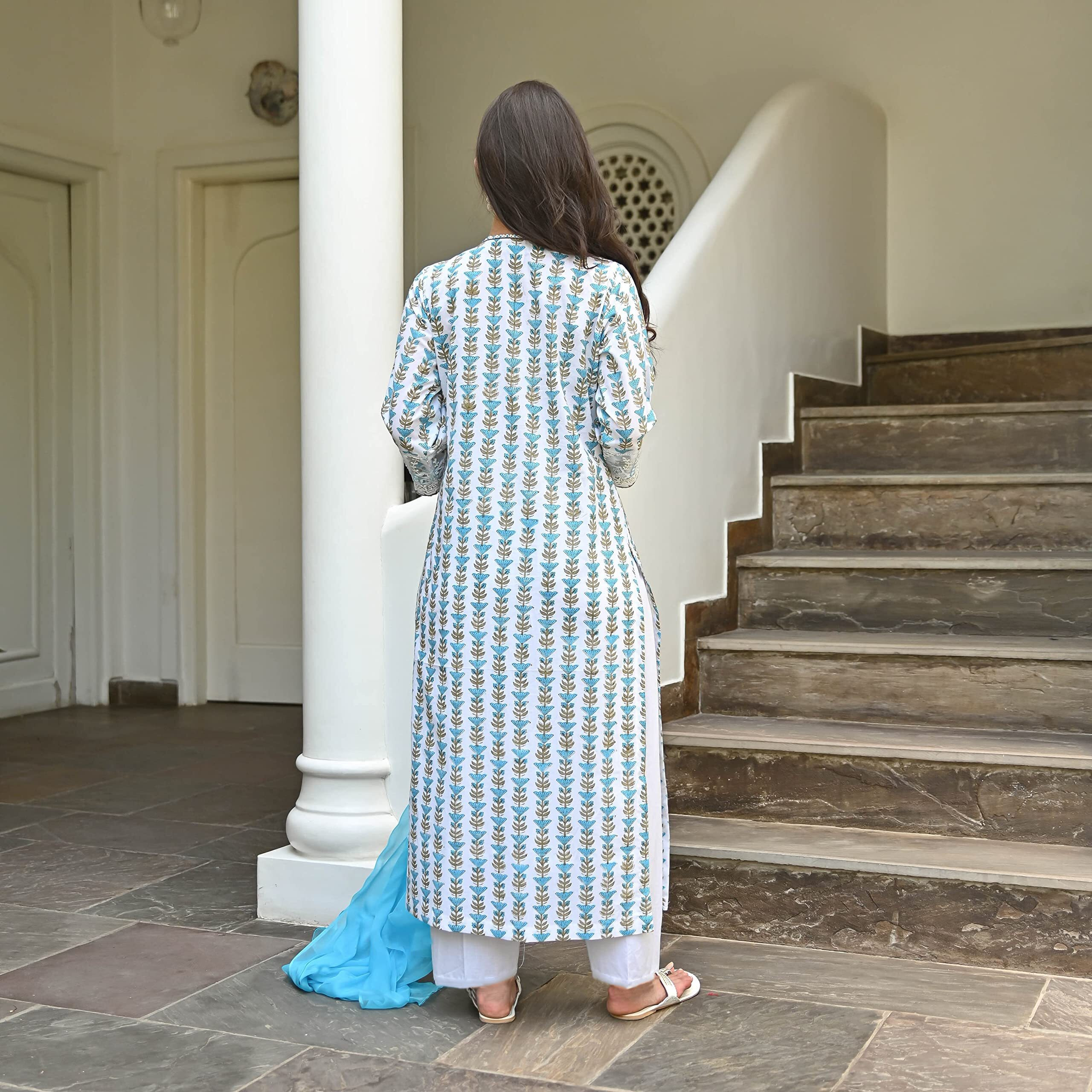 Gosriki Women's Cotton Blend Straight Printed Kurta With Pant & Dupatta (April-Sky Blue-Gs_M_Sky Blue_Medium)