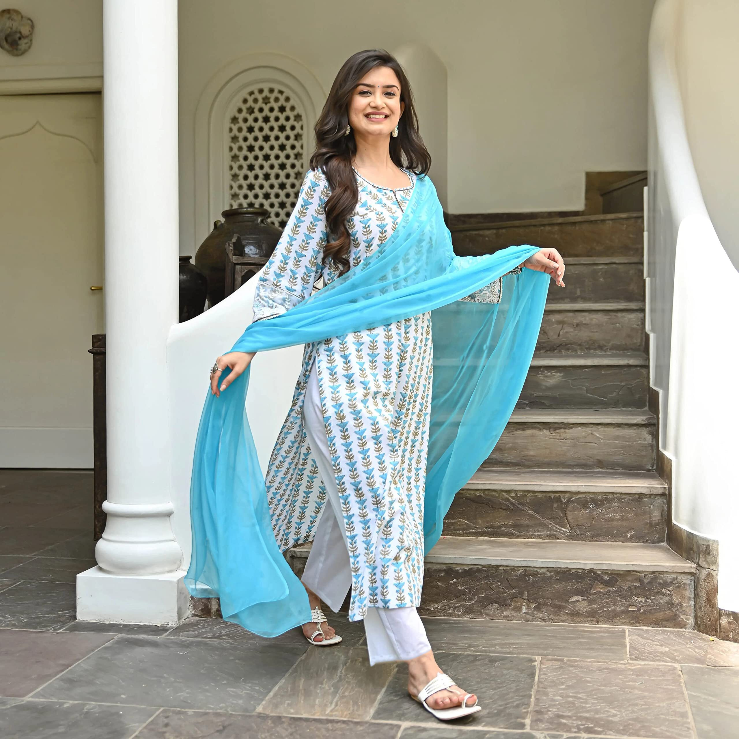 Gosriki Women's Cotton Blend Straight Printed Kurta With Pant & Dupatta (April-Sky Blue-Gs_M_Sky Blue_Medium)