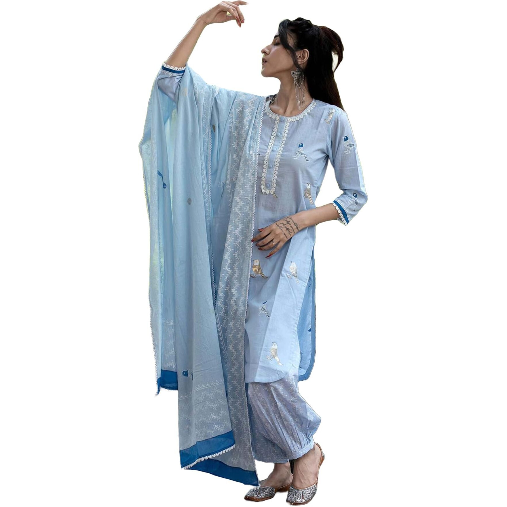 Gosriki Women's Rayon Blend Hand Block Printed Straight Kurta With Pant & Dupatta (Ragsri Ice Blue-Gs_L_Blue_Large)