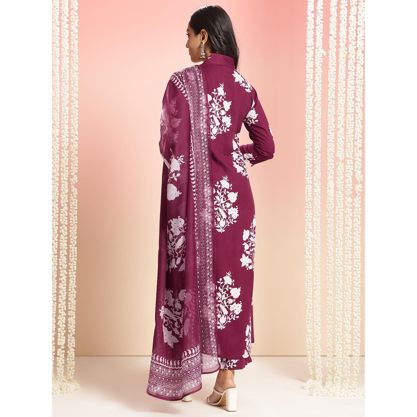 Gosriki Women's Rayon Viscose Anarkali Printed Kurta With Pant & Dupatta (Jasiwal Wine-Vks02-Gs_L_Wine_Large)