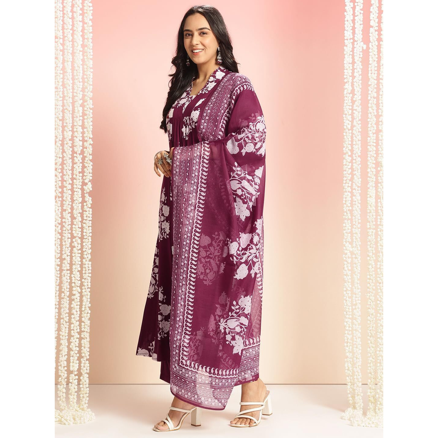 Gosriki Women's Rayon Viscose Anarkali Printed Kurta With Pant & Dupatta (Jasiwal Wine-Vks02-Gs_L_Wine_Large)