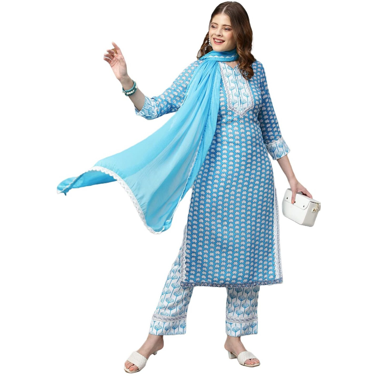 Gosriki Women's Cotton Blend Printed Straight Kurta With Pant & Dupatta (Sky Bird-Blue_New_Xl-Go_Blue_X-Large)