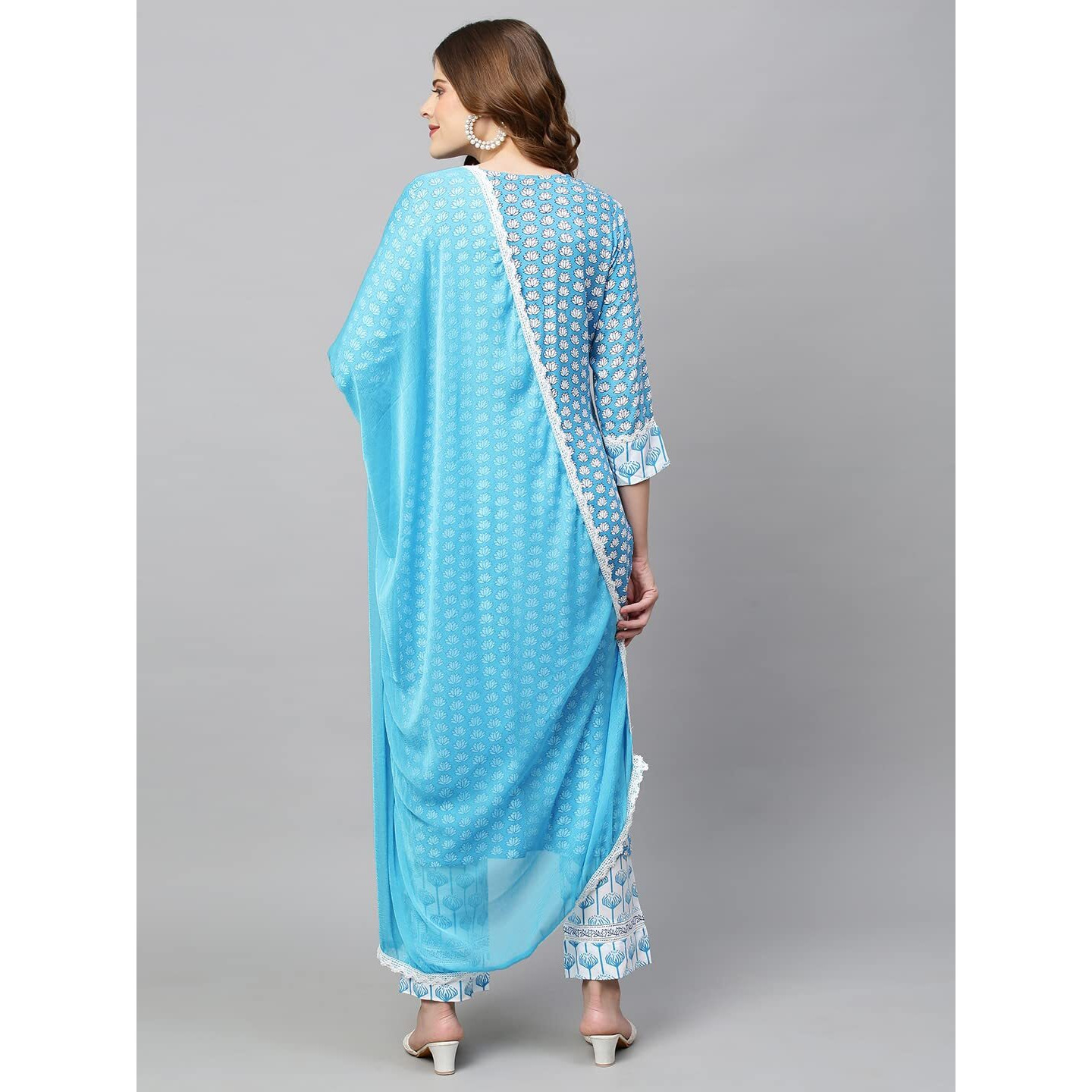Gosriki Women's Cotton Blend Printed Straight Kurta With Pant & Dupatta (Sky Bird-Blue_New_Xl-Go_Blue_X-Large)