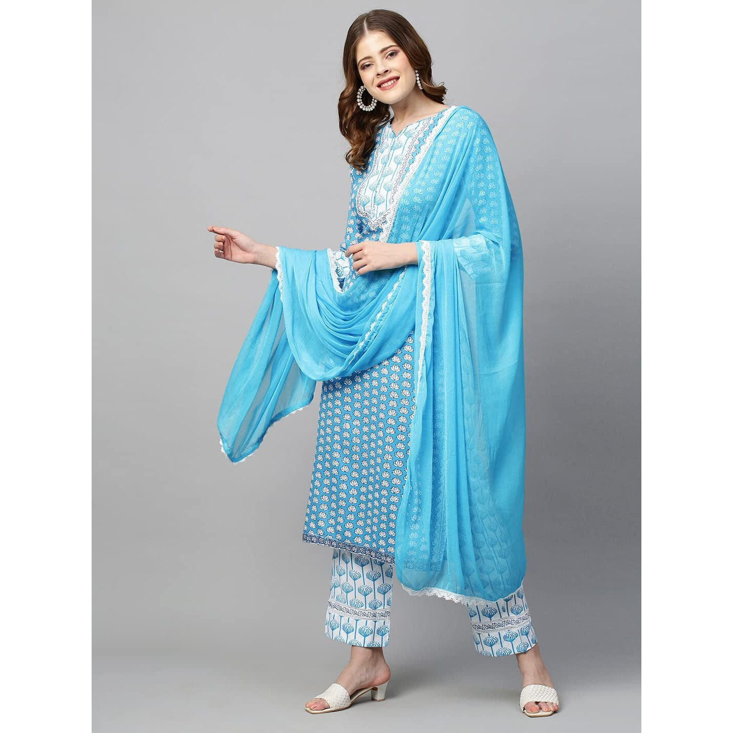 Gosriki Women's Cotton Blend Printed Straight Kurta With Pant & Dupatta (Sky Bird-Blue_New_Xl-Go_Blue_X-Large)