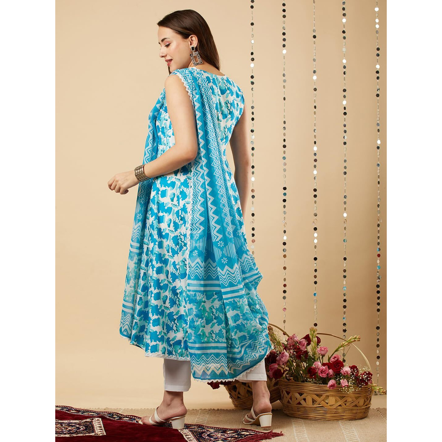 Gosriki Women's Cotton Blend Anarkali Printed Kurta With Pant & Dupatta (Kalishta Sky Blue-Nw-Gs_M_Sky Blue_Medium)