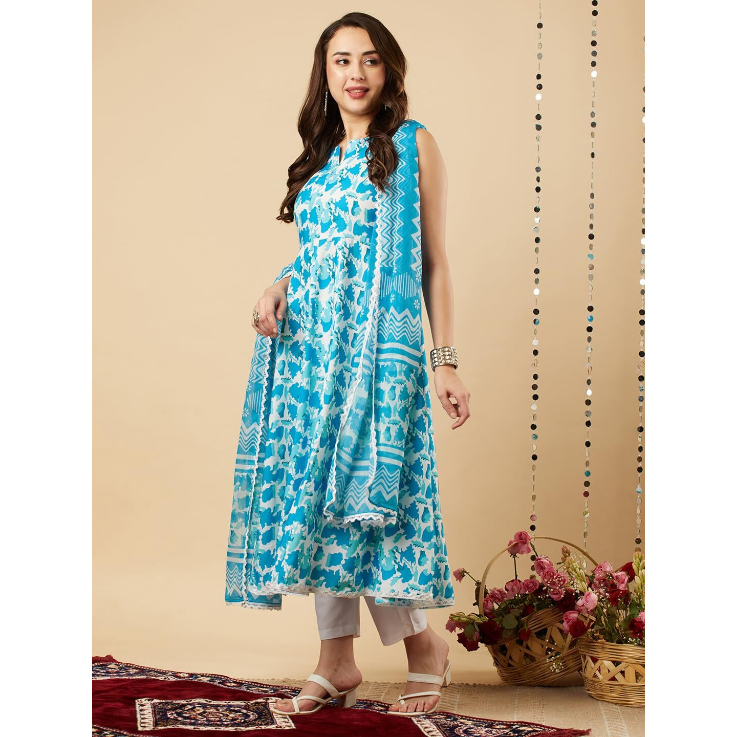 Gosriki Women's Cotton Blend Anarkali Printed Kurta With Pant & Dupatta (Kalishta Sky Blue-Nw-Gs_M_Sky Blue_Medium)