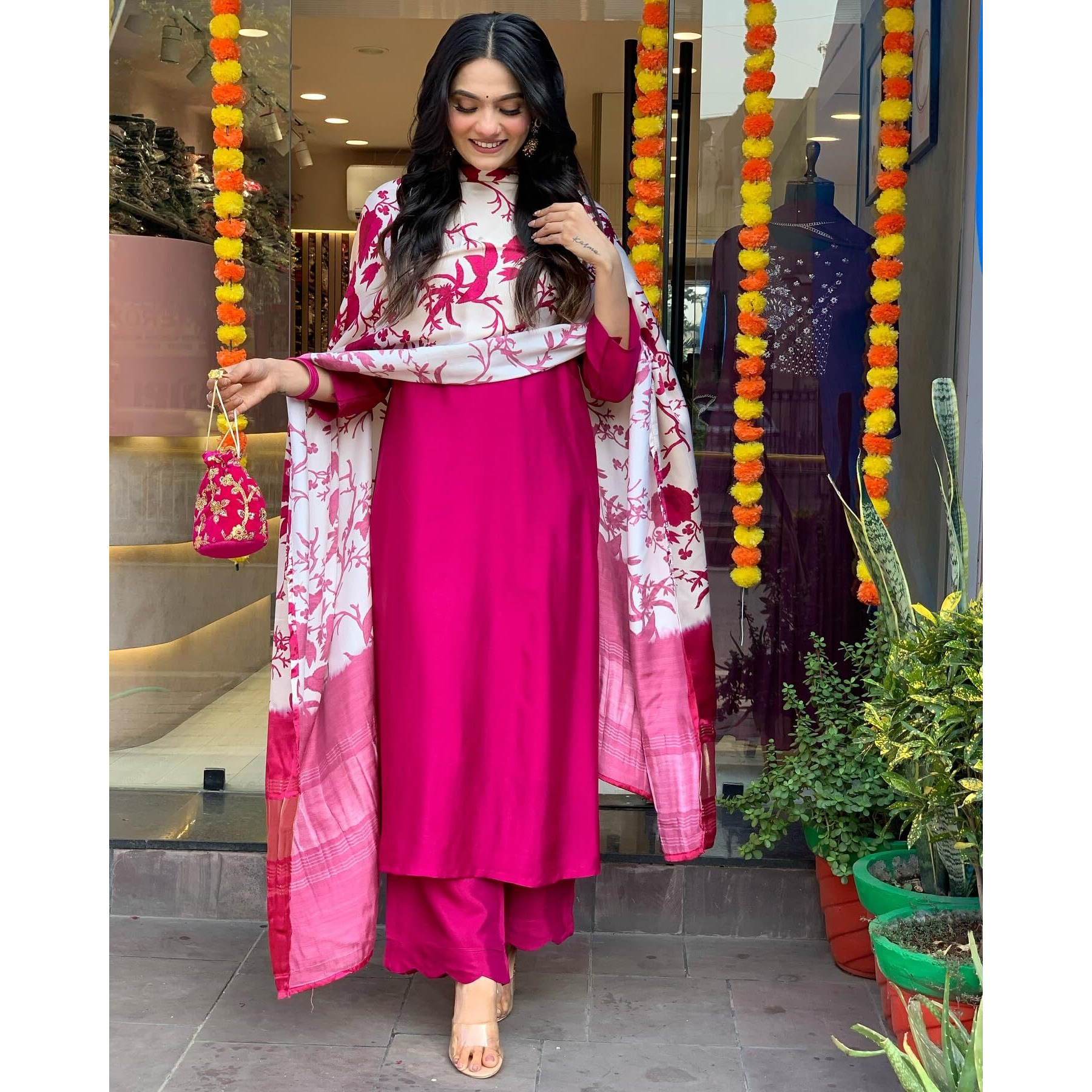 Gosriki Women's Rayon Viscose Printed Straight Kurta With Pant & Dupatta (Kapasa Pink-Vks01-Gs_Xl_Pink_X-Large)