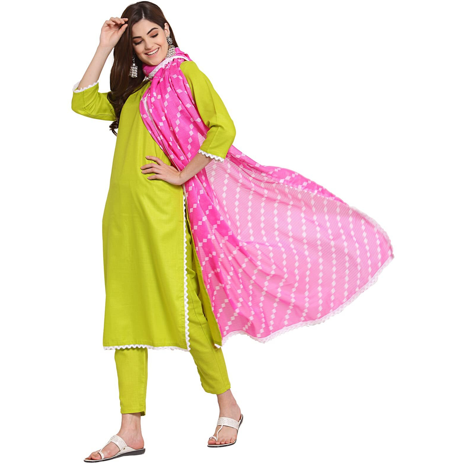 Gosriki Women's Cotton Straight Kurta With Pant & Dupatta (Kptd-Cot-10021-Light Green_S-Go_Light Green_Small)