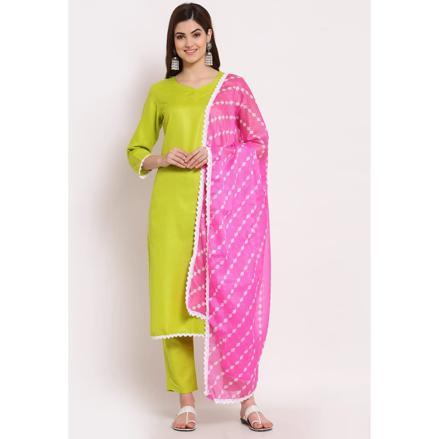 Gosriki Women's Cotton Straight Kurta With Pant & Dupatta (Kptd-Cot-10021-Light Green_S-Go_Light Green_Small)