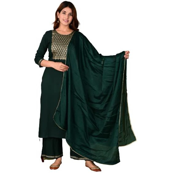 Gosriki Women's Cotton Straight Solid Kurta With Pant & Dupatta (Pisa New Green_S-Go_Green_Small)