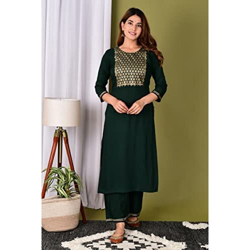 Gosriki Women's Cotton Straight Solid Kurta With Pant & Dupatta (Pisa New Green_S-Go_Green_Small)