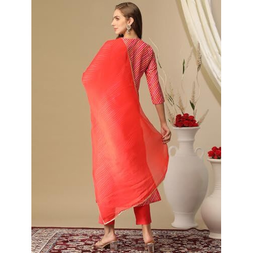 Gosriki Women's Cotton Blend Embroidered Straight Kurta With Pant & Dupatta (Nini-Multi-Nd-Gs_M_Multi_Medium) Multicolour