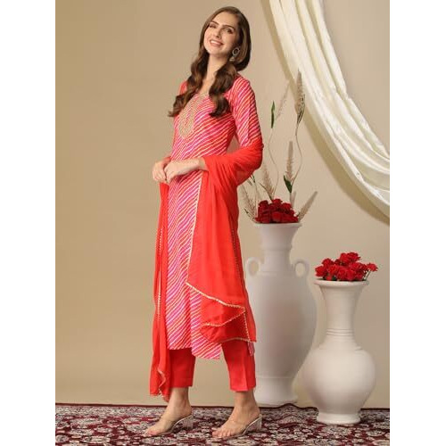 Gosriki Women's Cotton Blend Embroidered Straight Kurta With Pant & Dupatta (Nini-Multi-Nd-Gs_M_Multi_Medium) Multicolour