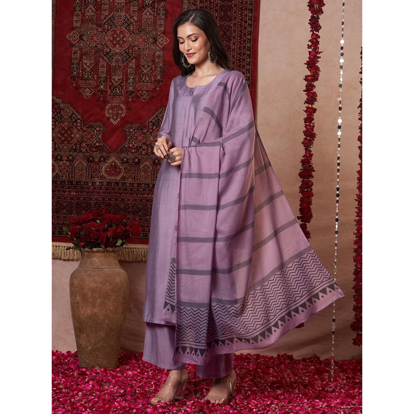 Gosriki Women's Rayon Viscose Solid Straight Kurta With Pant & Dupatta (Raja Saab Purple-Vks13-Gs_M_Purple_Medium)