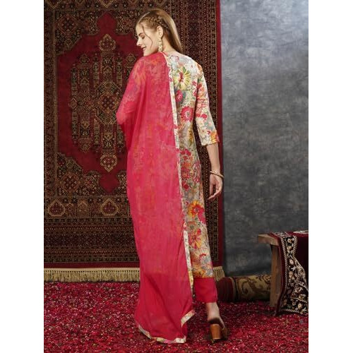 Gosriki Women's Cotton Blend Printed Straight Kurta With Pant & Dupatta (Ruth Pink-Jl-Gs_Xl_Pink_X-Large)