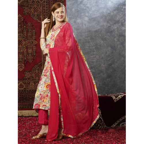 Gosriki Women's Cotton Blend Printed Straight Kurta With Pant & Dupatta (Ruth Pink-Jl-Gs_Xl_Pink_X-Large)