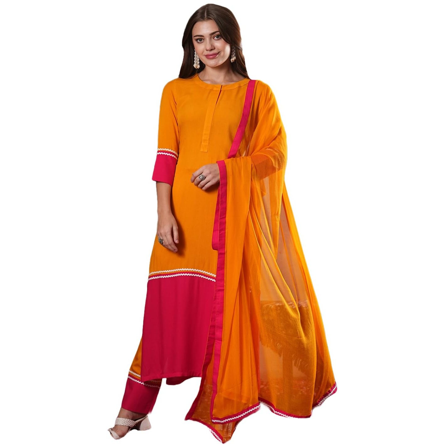 Gosriki Women's Cotton Blend Straight Solid Kurta With Pant & Dupatta (Panai Orange-Vks01-Gs_L_Orange_Large)