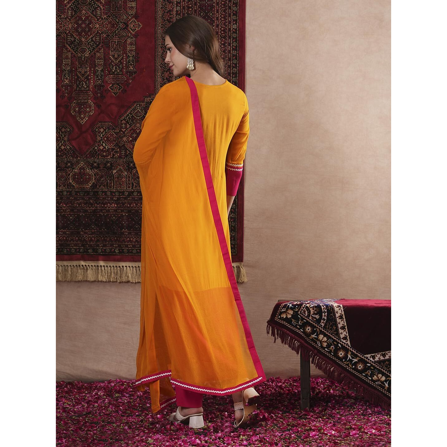 Gosriki Women's Cotton Blend Straight Solid Kurta With Pant & Dupatta (Panai Orange-Vks01-Gs_L_Orange_Large)