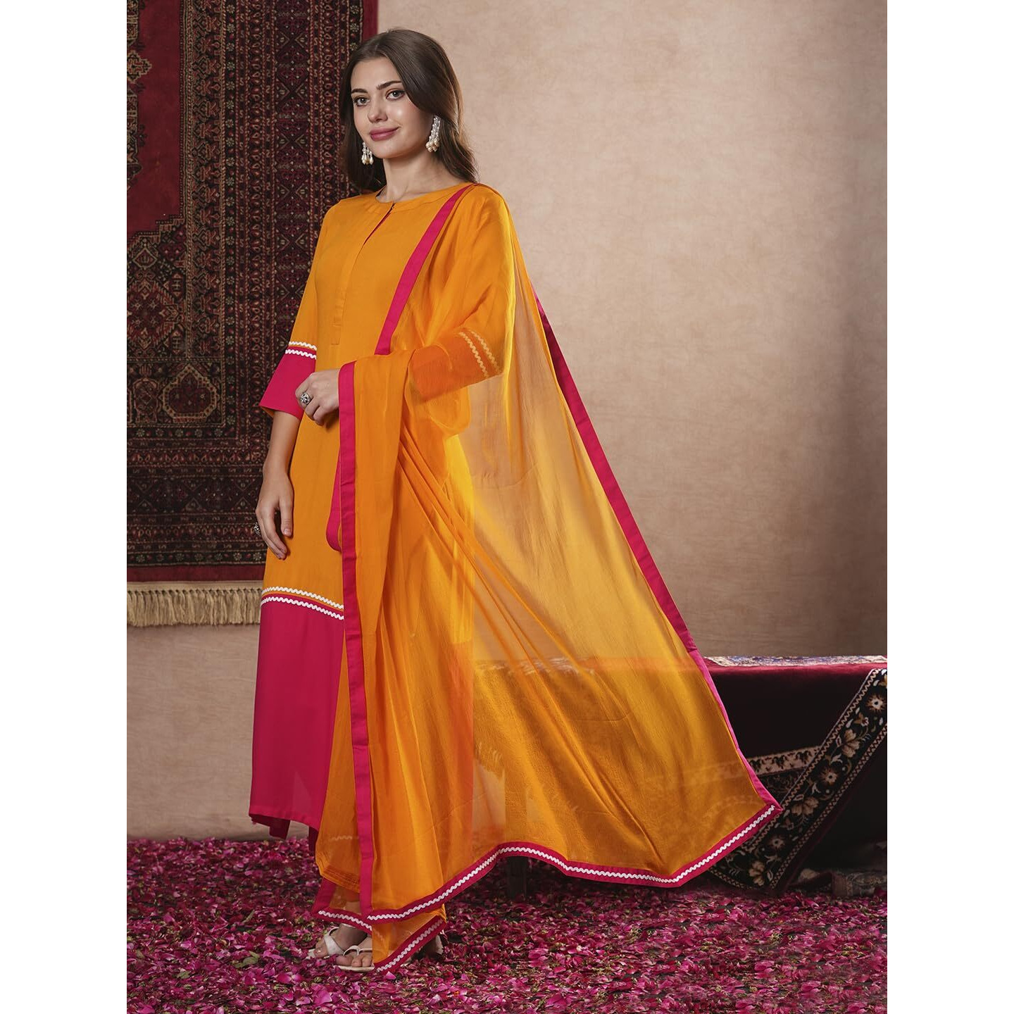 Gosriki Women's Cotton Blend Straight Solid Kurta With Pant & Dupatta (Panai Orange-Vks01-Gs_L_Orange_Large)