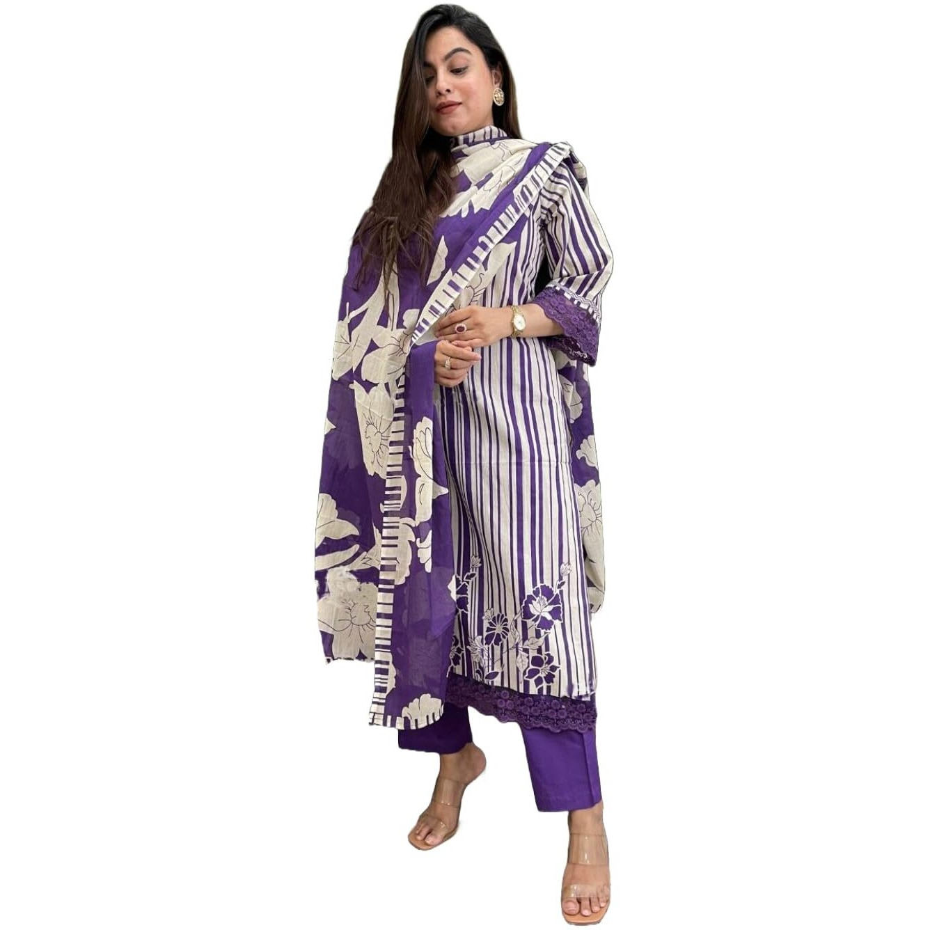 Gosriki Women's Rayon Blend Straight Printed Kurta With Pant & Dupatta (Exhuma Begani-Gs_Xl_Begani_X-Large)