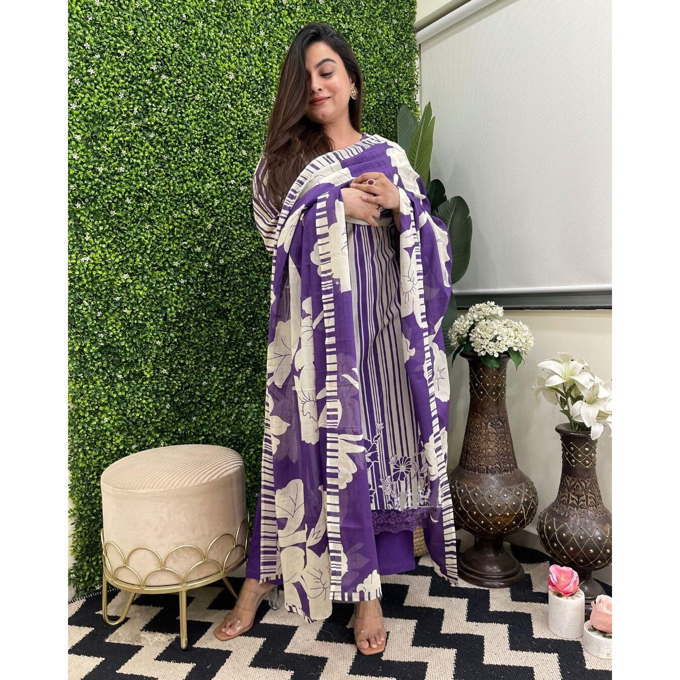 Gosriki Women's Rayon Blend Straight Printed Kurta With Pant & Dupatta (Exhuma Begani-Gs_Xl_Begani_X-Large)